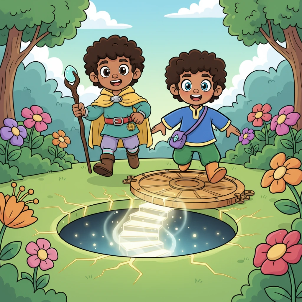 The brothers race into their vibrant backyard, where the ground magically opens like a giant door. A magnificent staircase of pure light appears, beckoning them into a grand, unknown adventure.