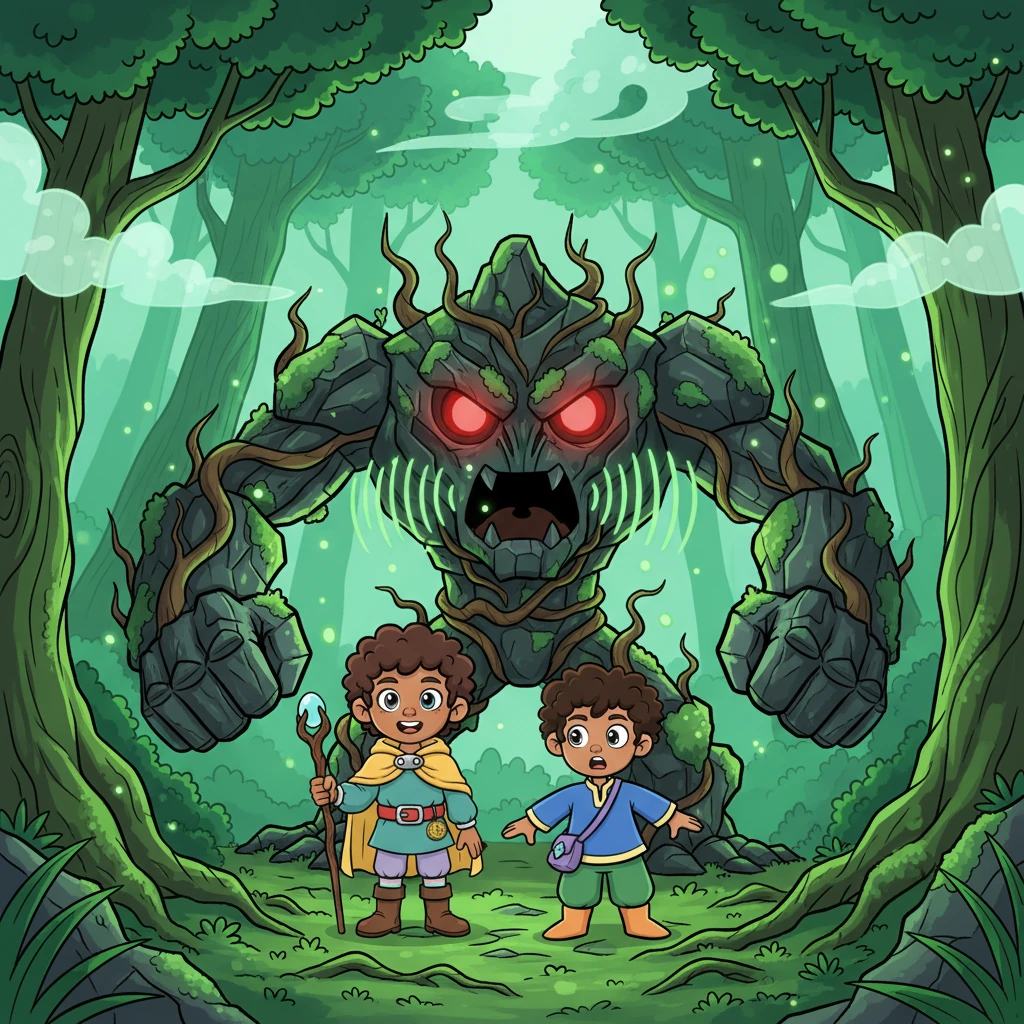 They step into a glowing green forest where enormous emerald trees tickle the clouds, but an eerie silence hangs heavy in the air. A massive Mossback Golem, made of jagged rocks and twisting roots with glowing red eyes, suddenly blocks their path, booming a challenge.