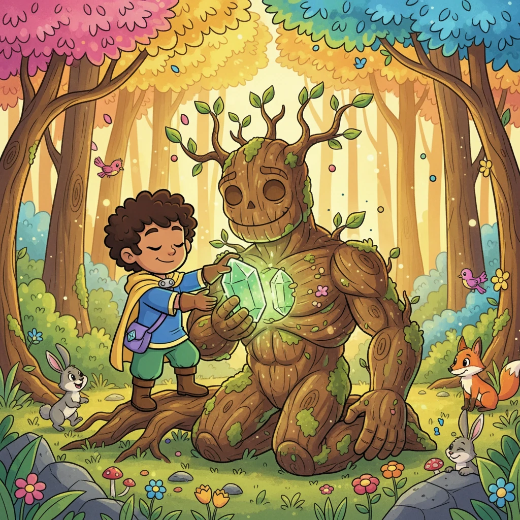 Abhishrav closes his eyes, listening intently, and realizes the Golem is sad, not angry. Vyom carefully removes the glowing green crystal from the kneeling Golem's chest, instantly making the forest burst into joyous sounds and vibrant colors, as the Golem transforms into a gentle tree spirit.