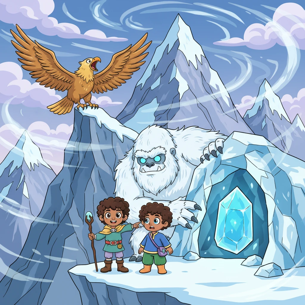 Next, they arrive at towering, snow-capped mountains that pierce the sky, where wild winds howl and a golden eagle screeches. A gigantic Frostfang Yeti with icy blue eyes emerges, guarding a glowing blue crystal frozen deep within the ice.