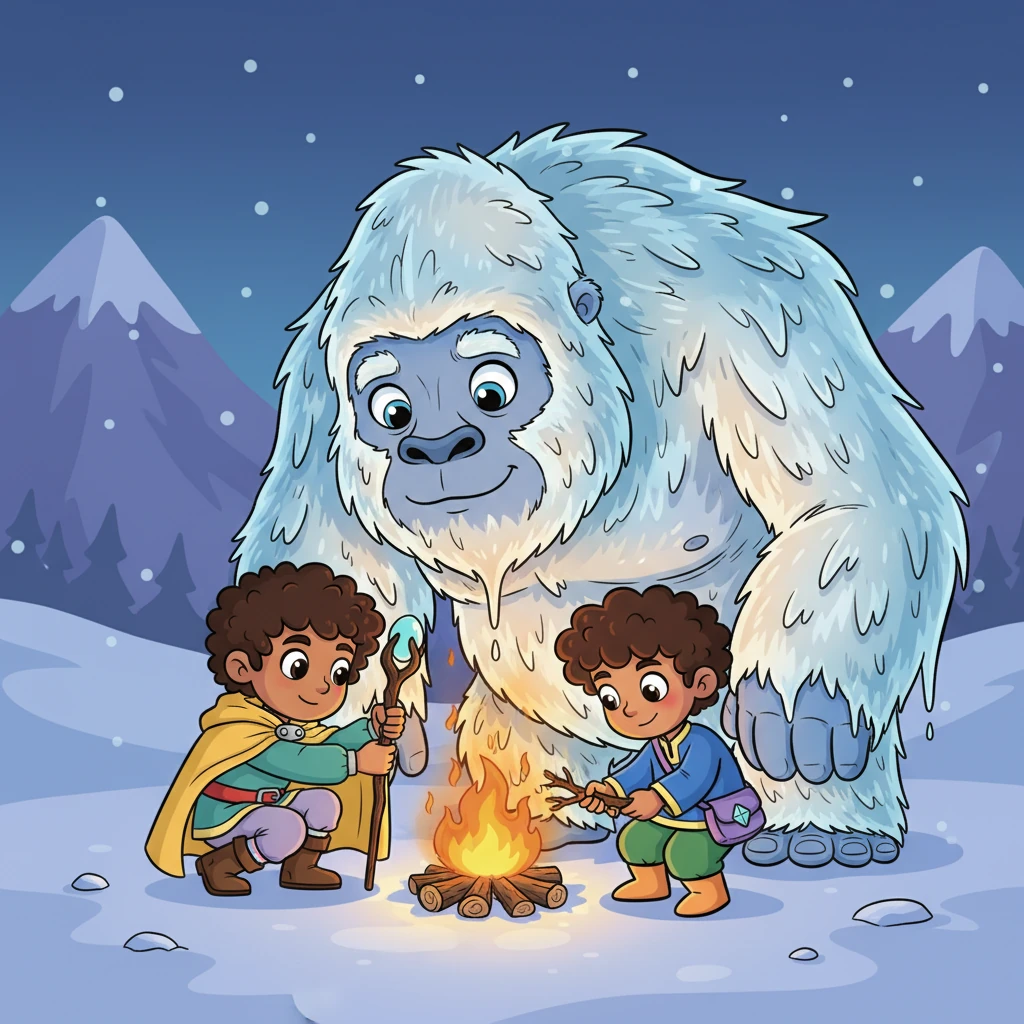 Abhishrav notices the yeti is shivering, not attacking, despite its icy nature. The brothers quickly build a small, crackling fire, shielding it from the wind, and the colossal yeti slowly approaches, its icy fur beginning to melt, revealing warm silver fur underneath.