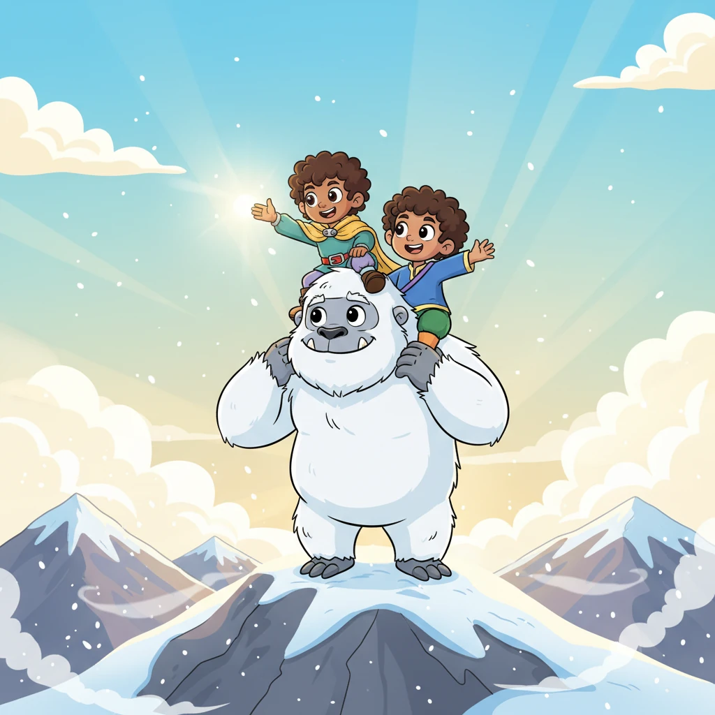 Vyom gently picks up the now-loosened blue crystal, and immediately the fierce snowstorm ceases, allowing warm sunlight to bathe the mountain peaks. The grateful yeti, now friendly, lifts the brothers high onto its shoulders to the very top of the mountain.