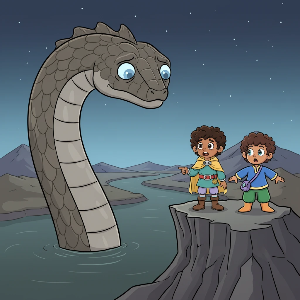 From the mountain's summit, they spot their next destination: a winding river that looks dark and silent, devoid of sparkle. Suddenly, a massive River Serpent with scales like dull mirrors rises from the murky depths, its lonely eyes fixed on them.