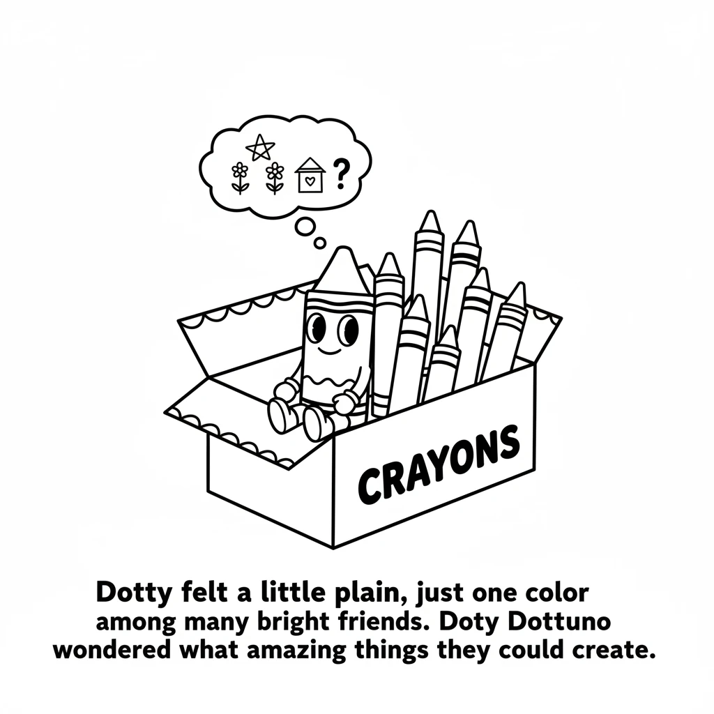 Dotty Crayon sat quietly in the big crayon box. Dotty felt a little plain, just one color among many bright friends. Dotty wondered what amazing thing