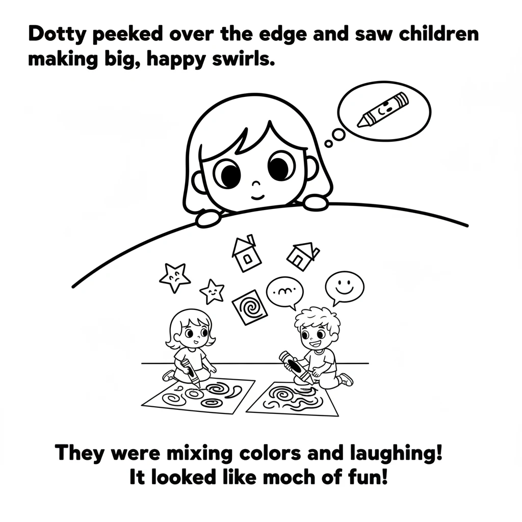 Dotty peeked over the edge and saw children making big, happy swirls and bold lines on paper. They were mixing colors and laughing, creating wonderful