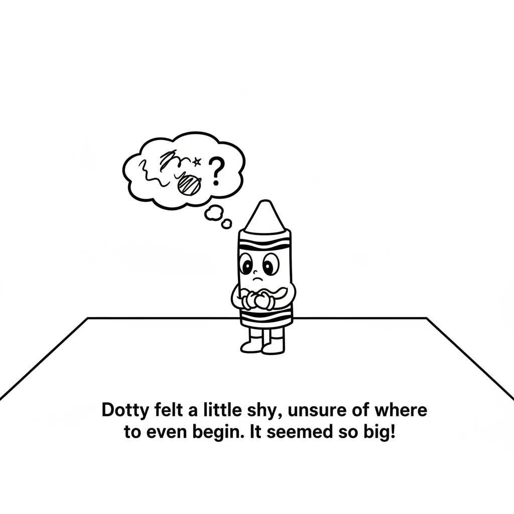 Dotty wished to join the fun, to make colorful marks and draw big pictures. But Dotty felt a little shy, unsure of where to even begin on the vast whi