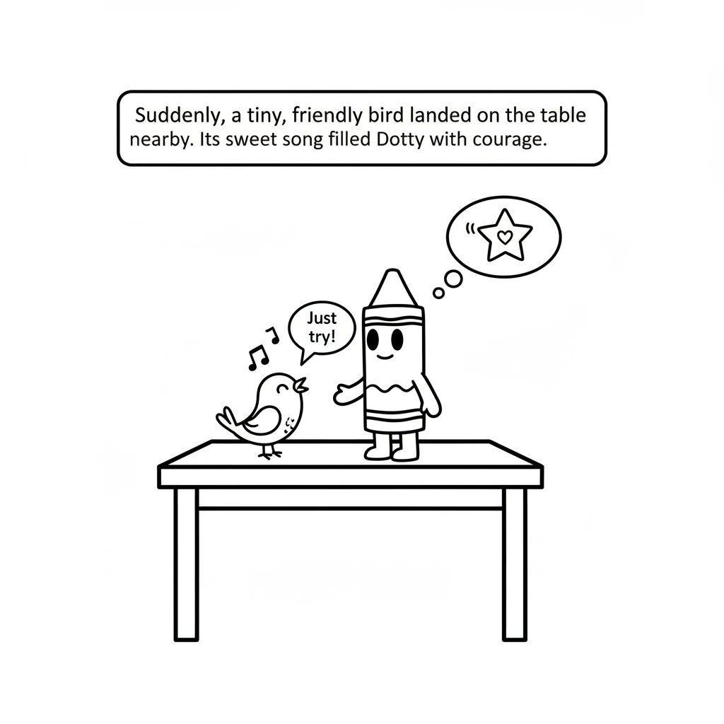 Suddenly, a tiny, friendly bird landed on the table nearby. It chirped a sweet tune, looking at Dotty as if to say, "Just try, little crayon!" Its son