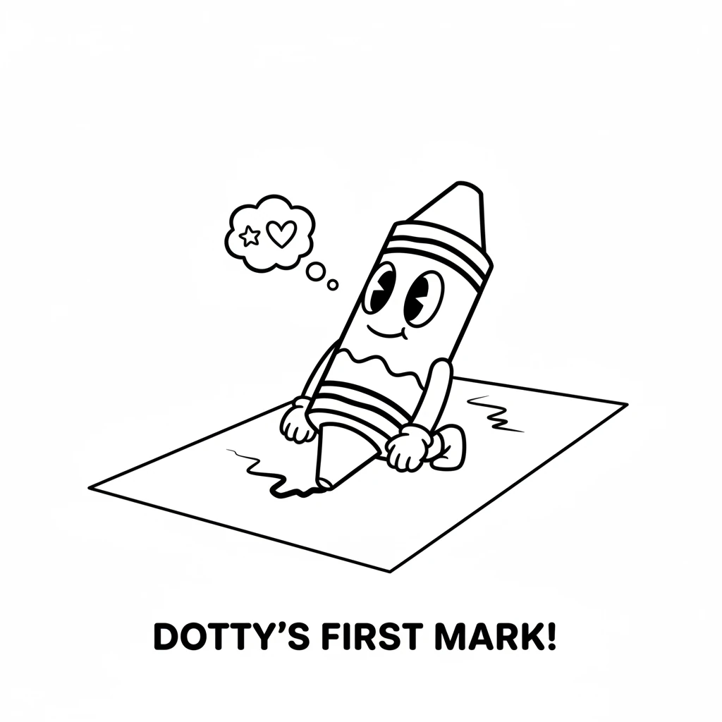 Taking a deep breath, Dotty rolled forward and touched the paper. A small, wobbly line appeared! It wasn't perfect, but it was Dotty's own first mark.