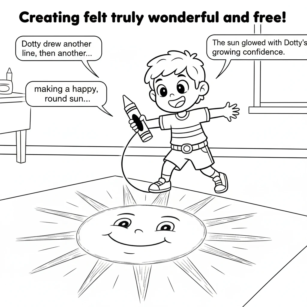 Dotty drew another line, then another, making a happy, round sun with bright rays. The sun glowed with Dotty's growing confidence. Creating felt truly