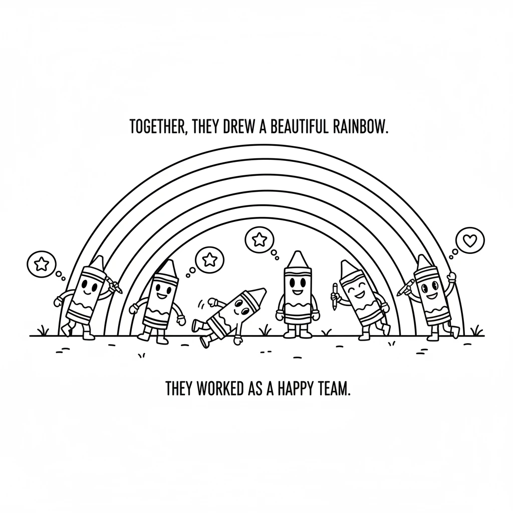 Soon, other crayons rolled over to join Dotty. Together, they drew a beautiful, arching rainbow, each crayon adding its own special color and line. Th