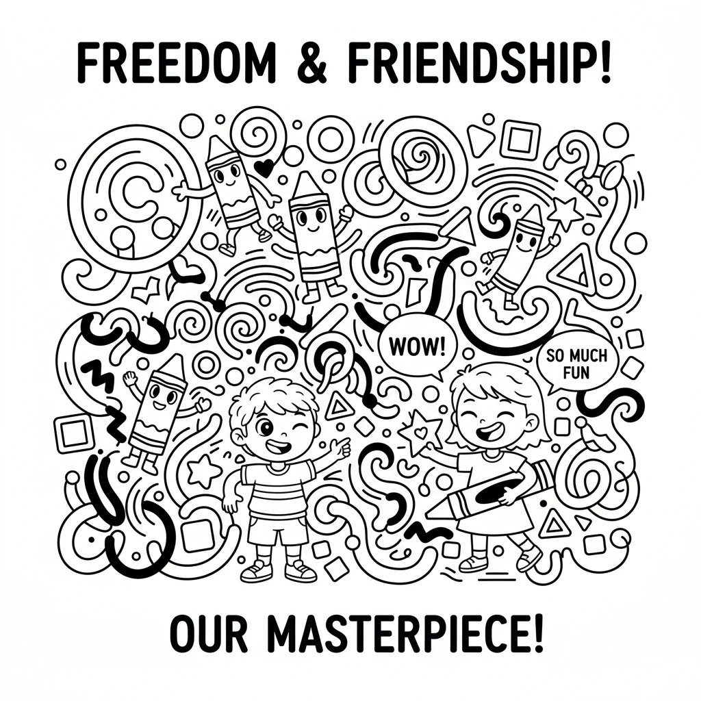 The whole page was now a vibrant masterpiece, filled with joyful squiggles, bold shapes, and happy lines. It was a picture made with freedom and frien