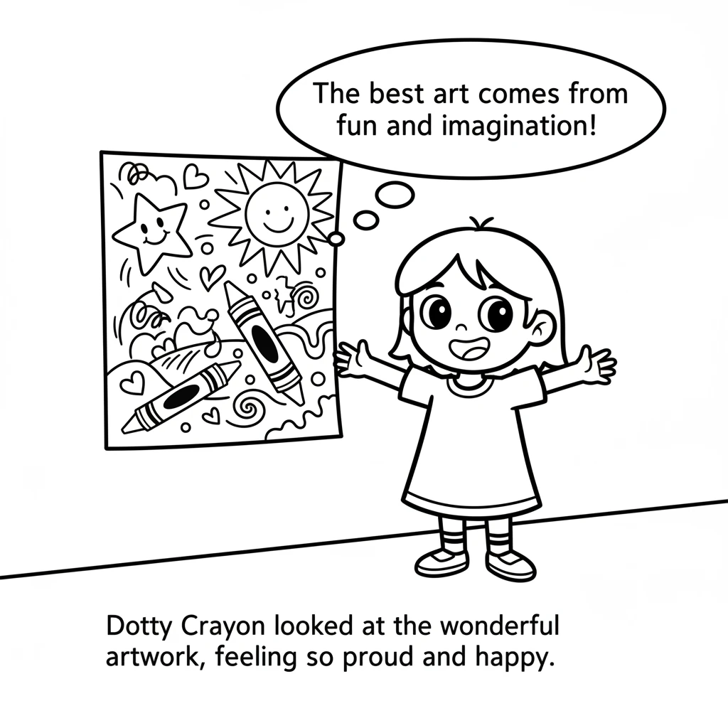 Dotty Crayon looked at the wonderful artwork, feeling so proud and happy. Dotty realized that the best art comes from simply having fun and letting yo