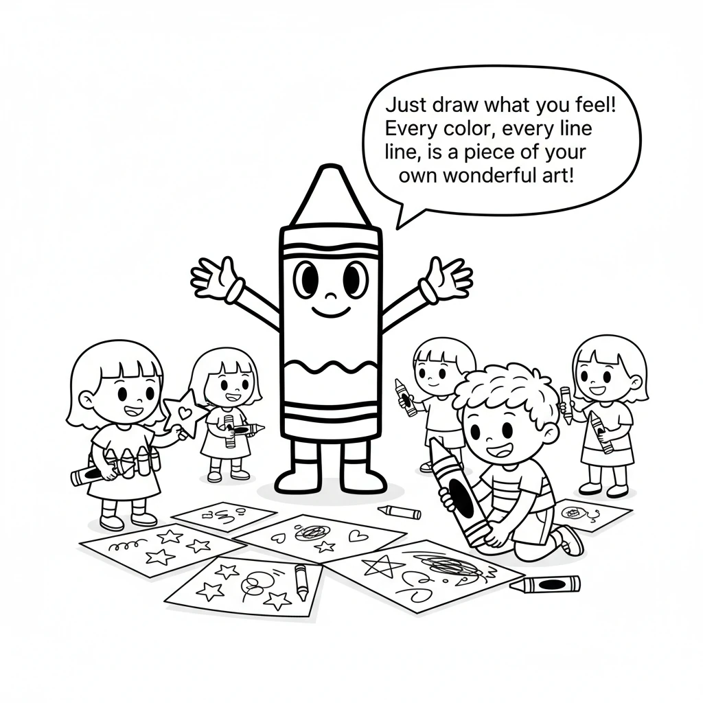 Now, Dotty Crayon loved to encourage all friends to pick up a crayon. "Just draw what you feel!" Dotty would say. "Every color, every line, is a piece