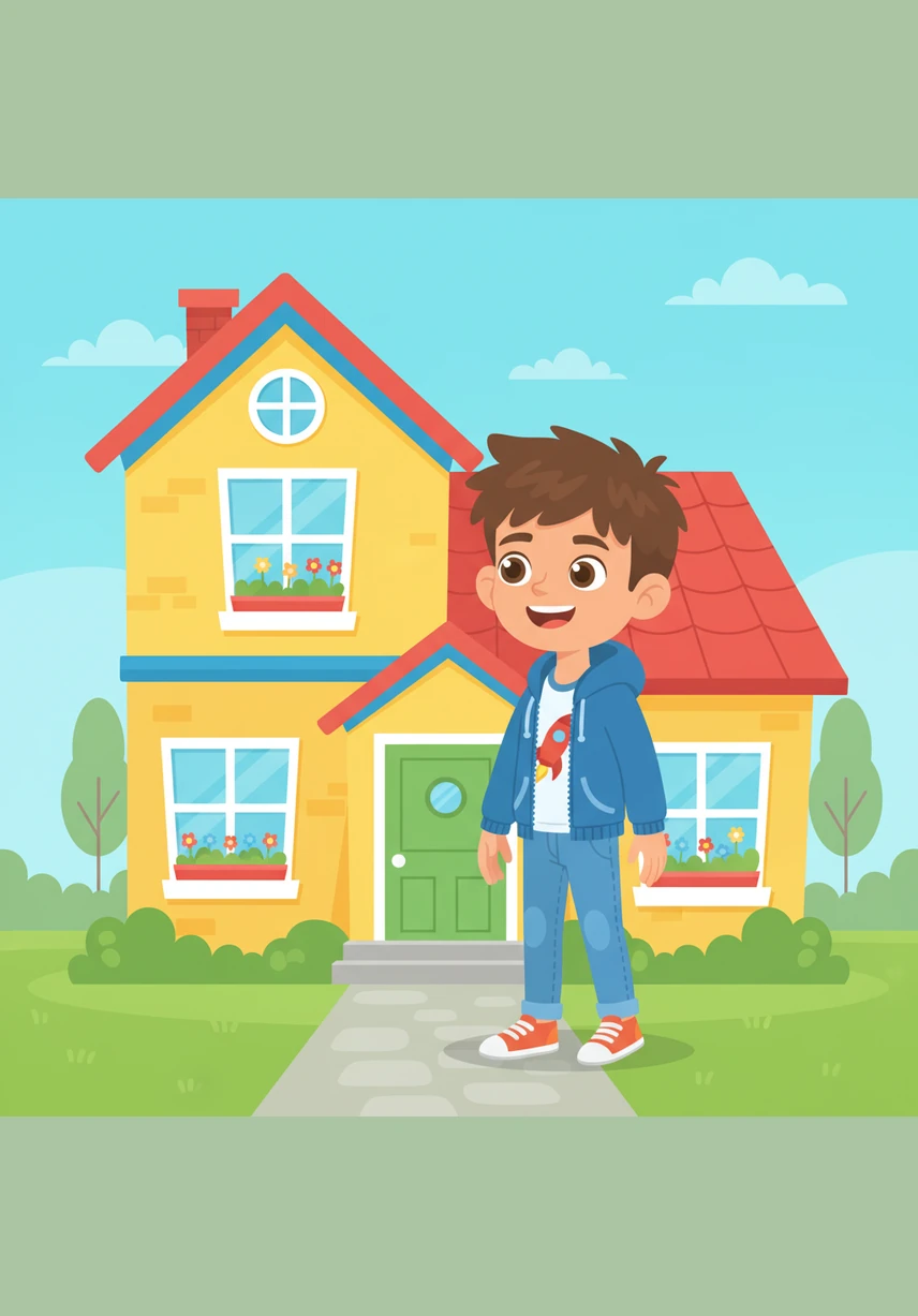 يَقِفُ سَامِي أَمَامَ بَيْتِهِ الجَمِيلِ الَّذِي يَتَمَيَّزُ بِأَلْوَانِهِ الزَّاهِيَةِ وَهْدُوئِهِ التَّامِّ. يَنْظُرُ سَامِي إِلَى مَنْزِلِهِ بِحُبٍّ كَبِيرٍ وَهُوَ يَسْتَعِدُّ لِيُطْلِعَنَا عَلَى غُرَفِهِ الرَّائِعَةِ.