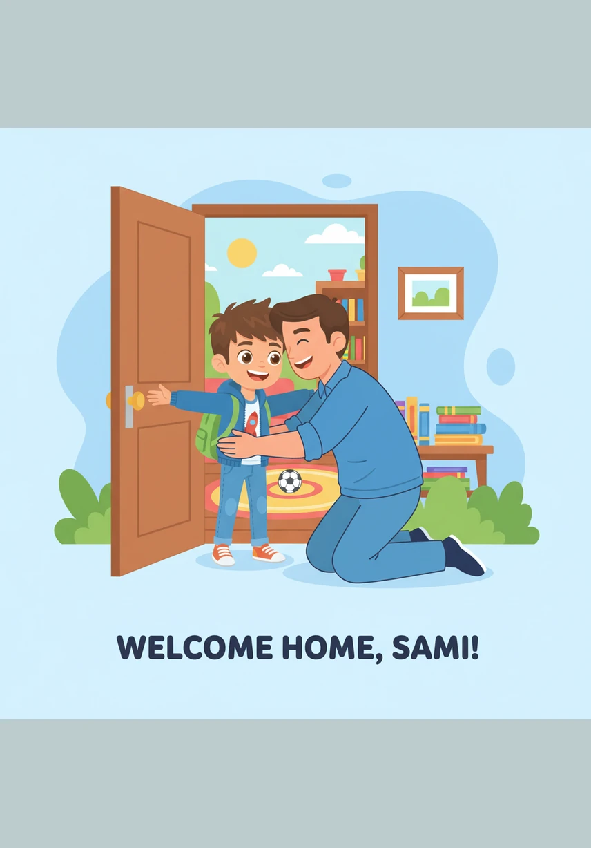 يَدْخُلُ سَامِي مِنْ بَابِ المَنْزِلِ الخَشَبِيِّ الدَّافِئِ وَعَلَى وَجْهِهِ ابْتِسَامَةٌ عَرِيضَةٌ. يَشْعُرُ بِالسَّعَادَةِ لِأَنَّ بَيْتَهُ مَلِيءٌ بِالأَسْرارِ الجَمِيلَةِ وَالزَّوَايَا المُرِيحَةِ.