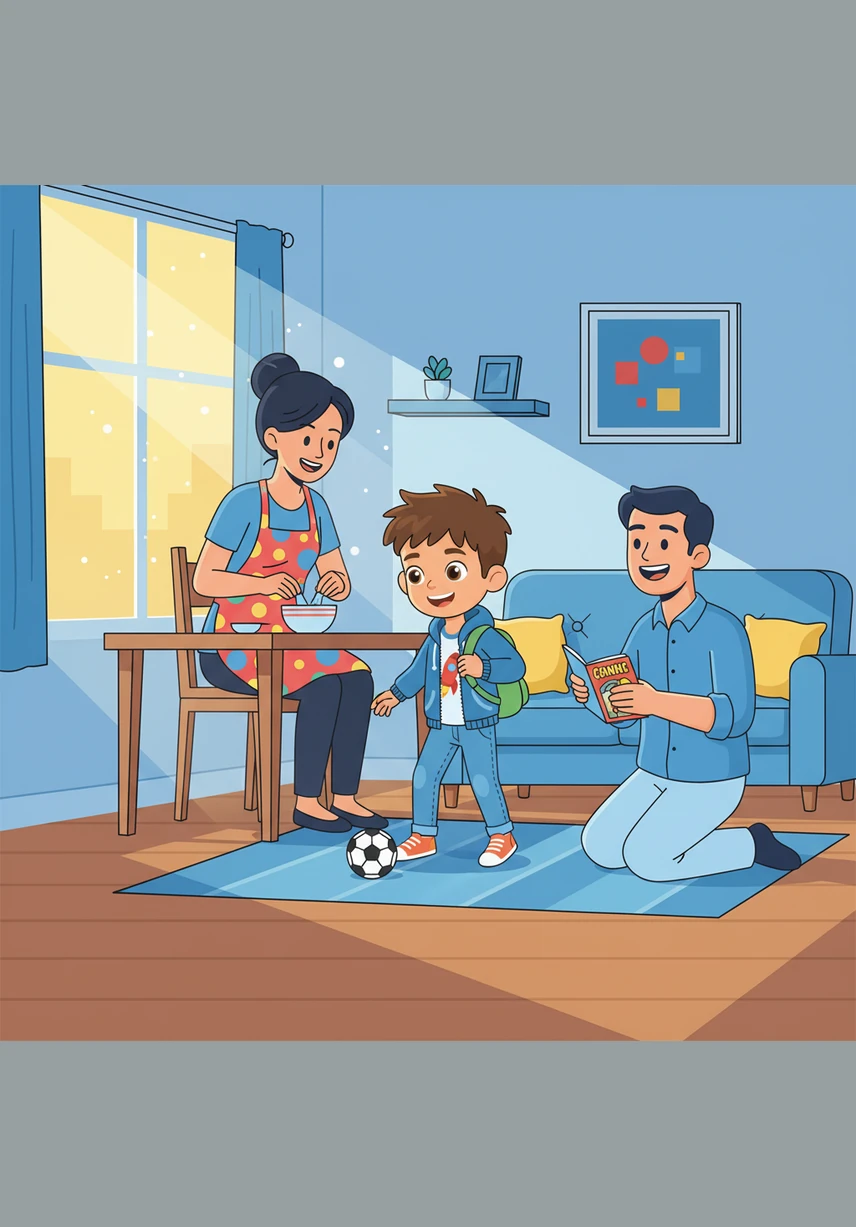 يَصِلُ سَامِي إِلَى غُرْفَةِ الجُلُوسِ، حَيْثُ تُوجَدُ أَرِيكَةٌ وَاسِعَةٌ وَنَاعِمَةٌ وَطَاوِلَةٌ صَغِيرَةٌ أَمَامَ التِّلْفَازِ. المَكَانُ يَبْدُو مُشْرِقًا بَعْدَ أَنْ دَخَلَتْ أَشِعَّةُ الشَّمْسِ مِنَ النَّافِذَةِ الكَبِيرَةِ.