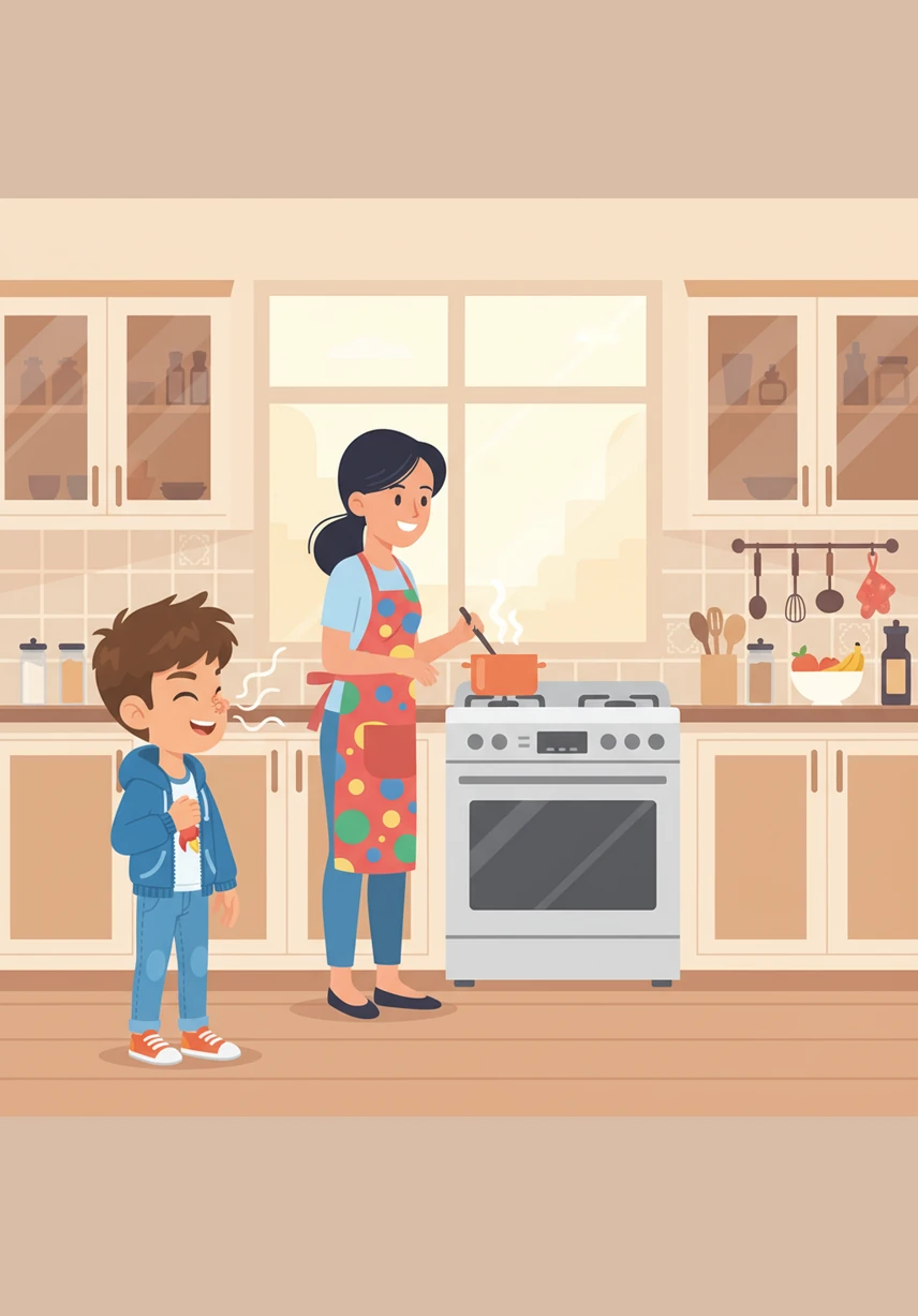 يَنْتَقِلُ سَامِي إِلَى المَطْبَخِ المُنَظَّمِ، حَيْثُ تَقِفُ أُمُّهُ وَهِيَ تَرْتَدِي مِئْزَرَهَا المُلَوَّنَ. تَنْبَعِثُ رَوَائِحُ شَهِيَّةٌ تَمْلأُ المَكَانَ وَتَجْعَلُ سَامِي يَشْعُرُ بِالجُوعِ.