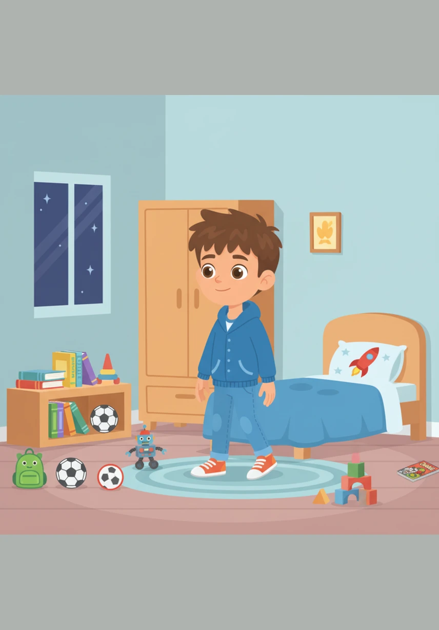 يَصْعَدُ سَامِي إِلَى غُرْفَةِ نَوْمِهِ الهَادِئَةِ، حَيْثُ يَرْتَبُ سَرِيرُهُ الصَّغِيرُ وَتَقِفُ خِزَانَتُهُ بِجَانِبِ الحَائِطِ. الغُرْفَةُ مَلِيئَةٌ بِأَلْعَابِهِ وَقِصَصِهِ الَّتِي يُحِبُّ قِرَاءَتَهَا.