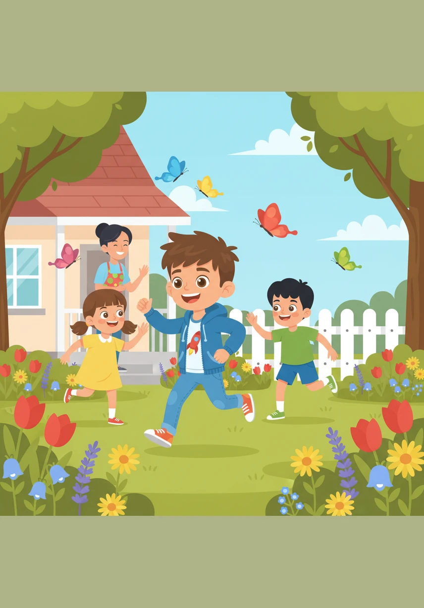 أَمَامَ البَيْتِ، تَمْتَدُّ حَدِيقَةٌ صَغِيرَةٌ تَفُوحُ مِنْهَا رَائِحَةُ الأَزْهَارِ الجَمِيلَةِ. يَرْكُضُ سَامِي وَيَلْعَبُ مَعَ أَصْدِقَائِهِ بَيْنَ الفَرَاشَاتِ المُلَوَّنَةِ وَالعُشْبِ الأَخْضَرِ.