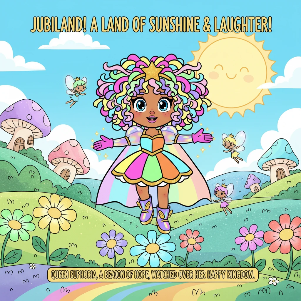 Jubiland shimmered with joy, a land of endless sunshine and laughter where cheerful fairies fluttered among rainbow flowers. Queen Euphoria, with a ge