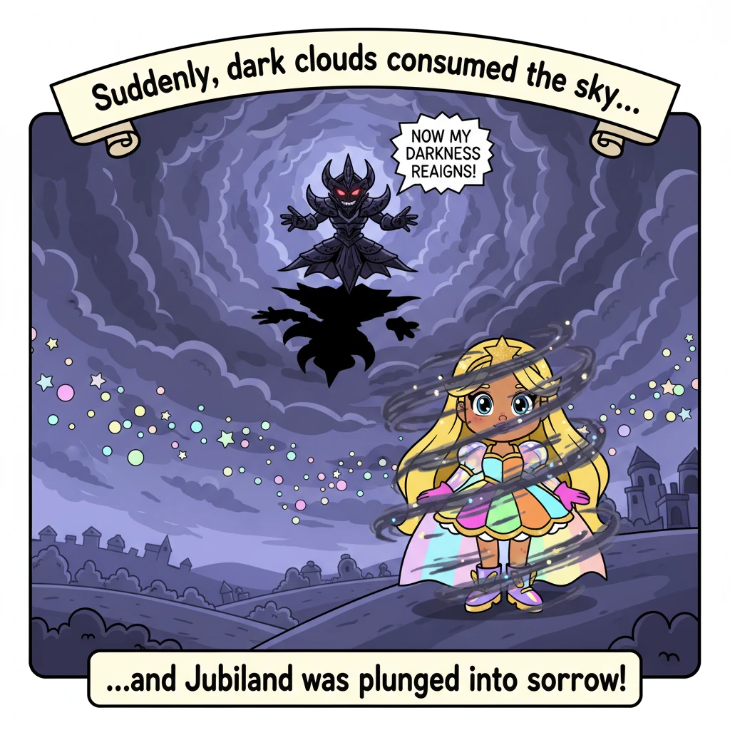 Suddenly, dark clouds consumed the sky as the evil Emperor Nogo appeared, casting a menacing shadow over Jubiland. His dark magic swirled, sealing Que