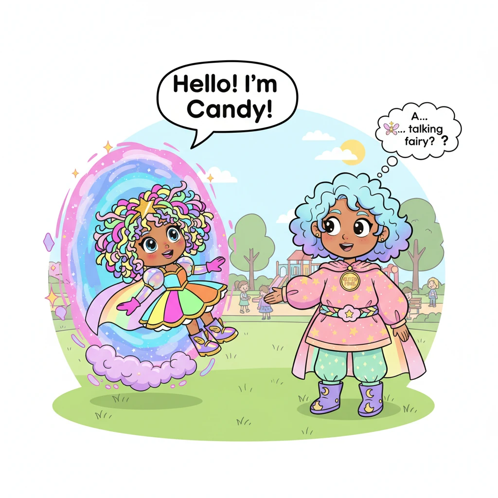 Candy tumbled out of the portal with a playful puff of smoke, landing softly in a bustling park on Earth. There, she met Maya, a cheerful girl with br