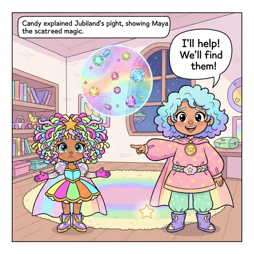 Candy explained the dire situation in Jubiland, showing Maya a shimmering vision of the scattered Glitter Pieces. Maya, seeing the sadness in Candy's
