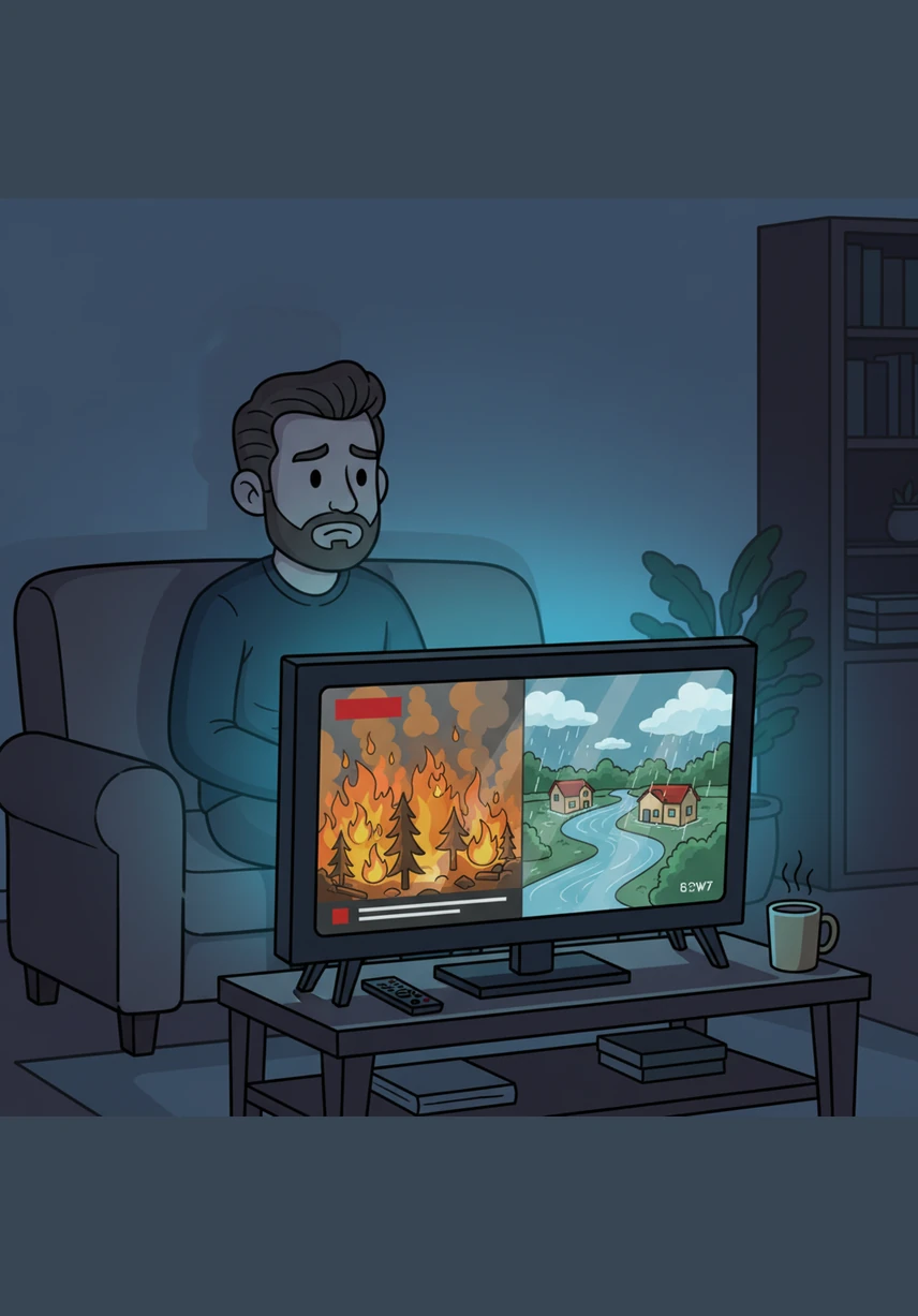 That evening, the blue light of the television illuminates Julian’s concerned face. News reports show raging wildfires and historic floods, making the global crisis feel personal and urgent.