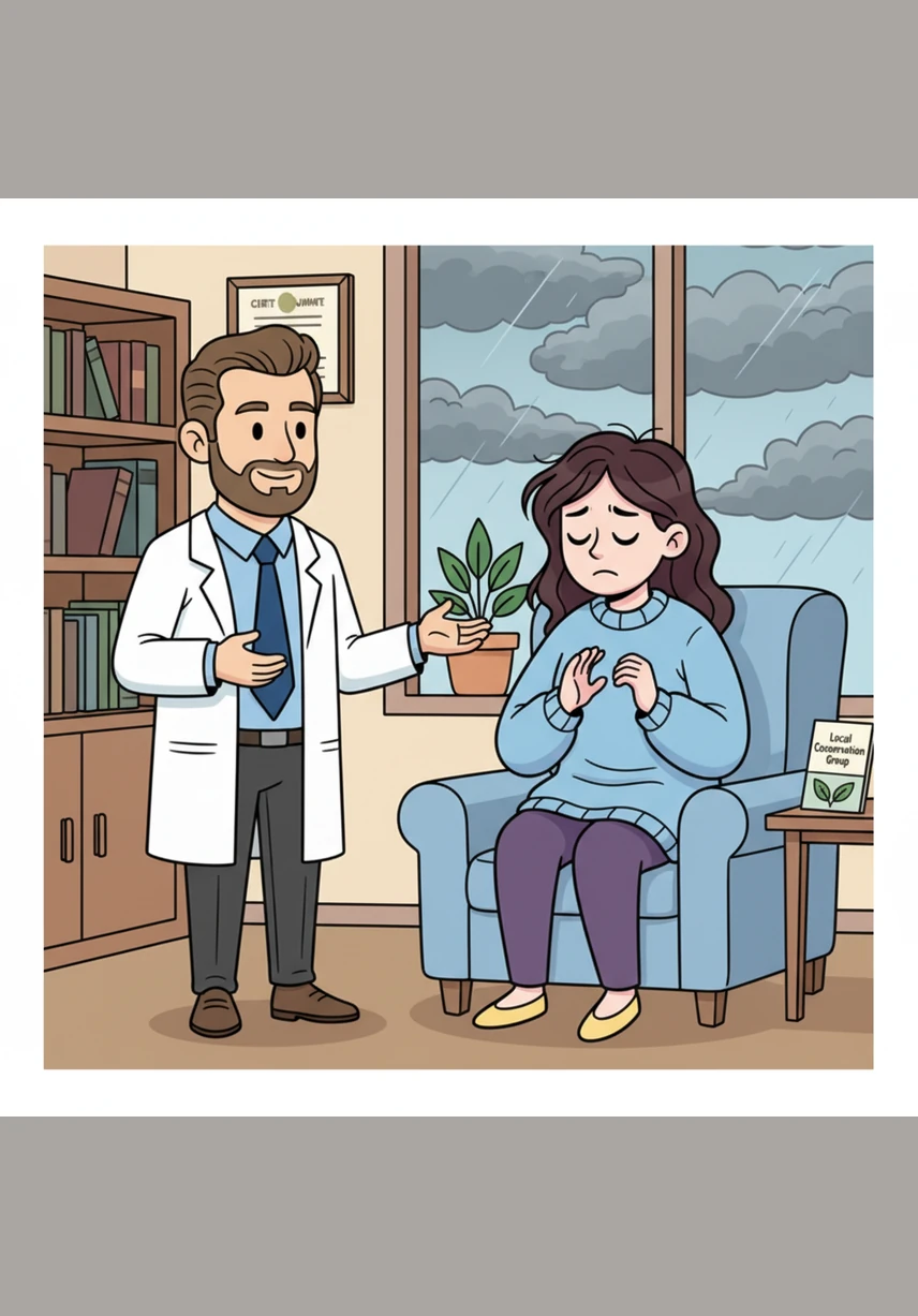 During their next session, Julian teaches Elena grounding techniques to manage her panic when the clouds turn grey. They talk about joining a local conservation group to turn her fear into meaningful community connection.