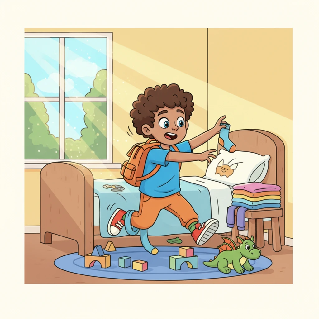 The morning sun peeked through Max's window, but he was already a whirlwind of energy. His room was a playful jumble of toys and clothes as he scrambled to get ready, a little late as usual.