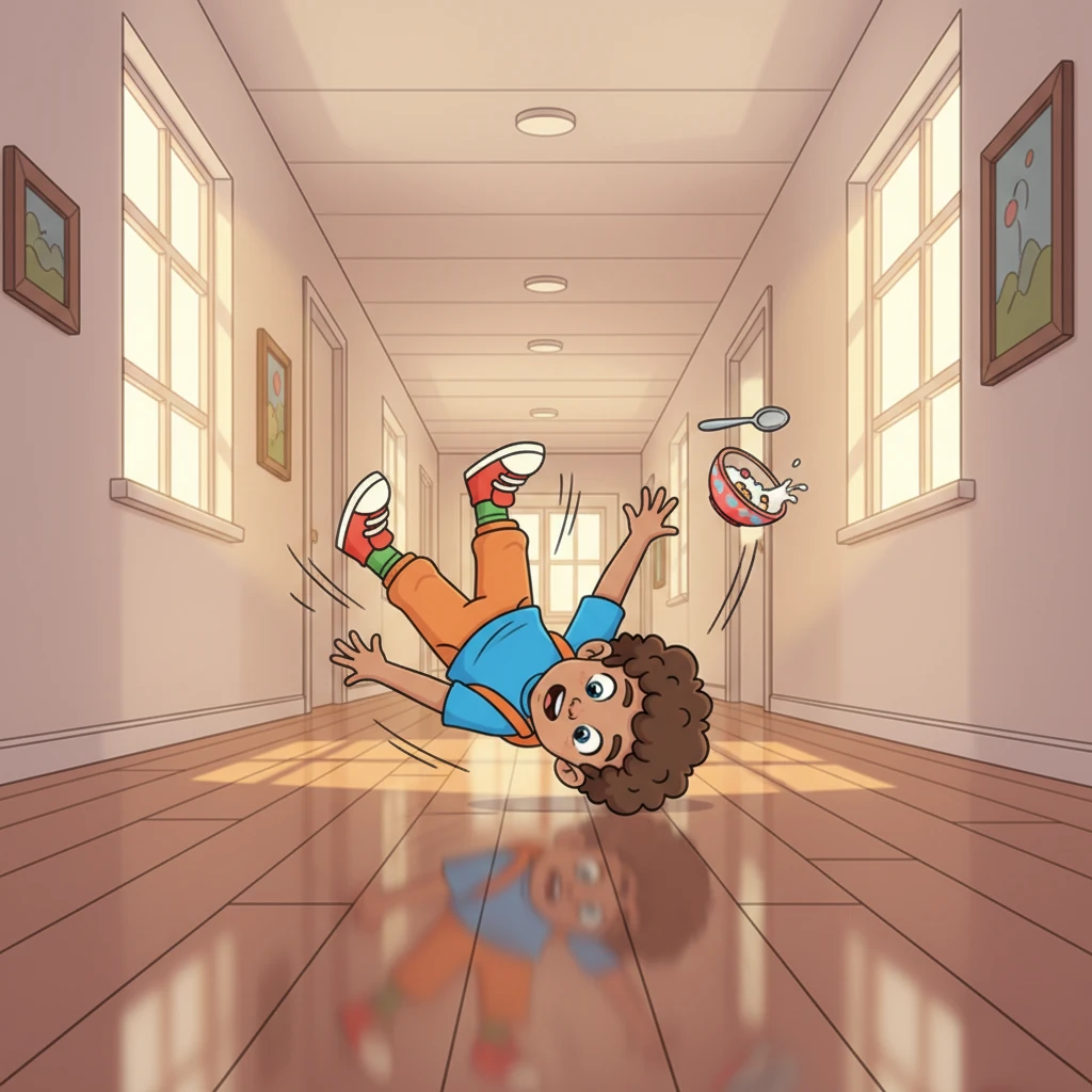 Rushing down the hallway, Max tripped over his own feet. His arms flailed wildly, and his breakfast-bound face was hurtling straight for the polished wooden floor.