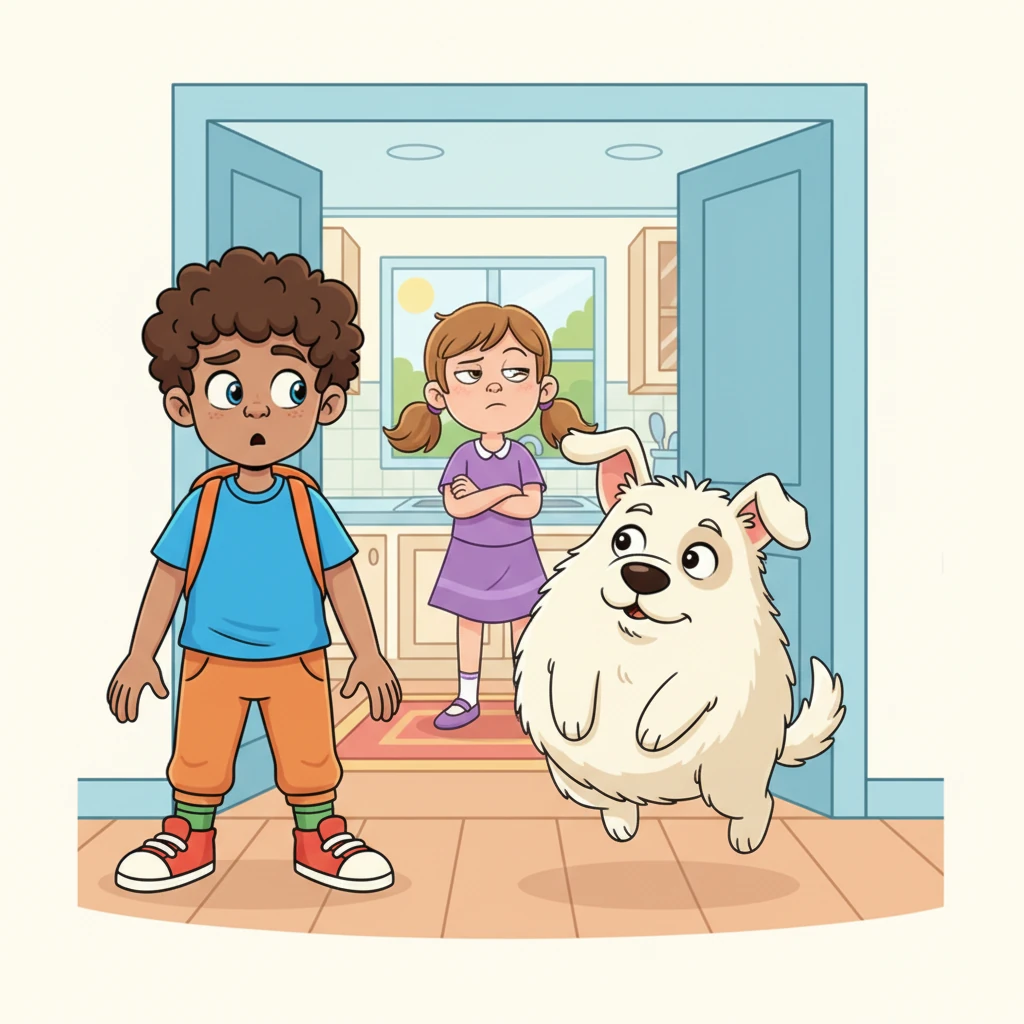 But the thud never came. Max slowly opened one eye, then the other. His sister, Lily, was frozen mid-eye-roll at the kitchen doorway. Buster, their fluffy dog, hung in the air, a furry balloon with a suspended tail wag.