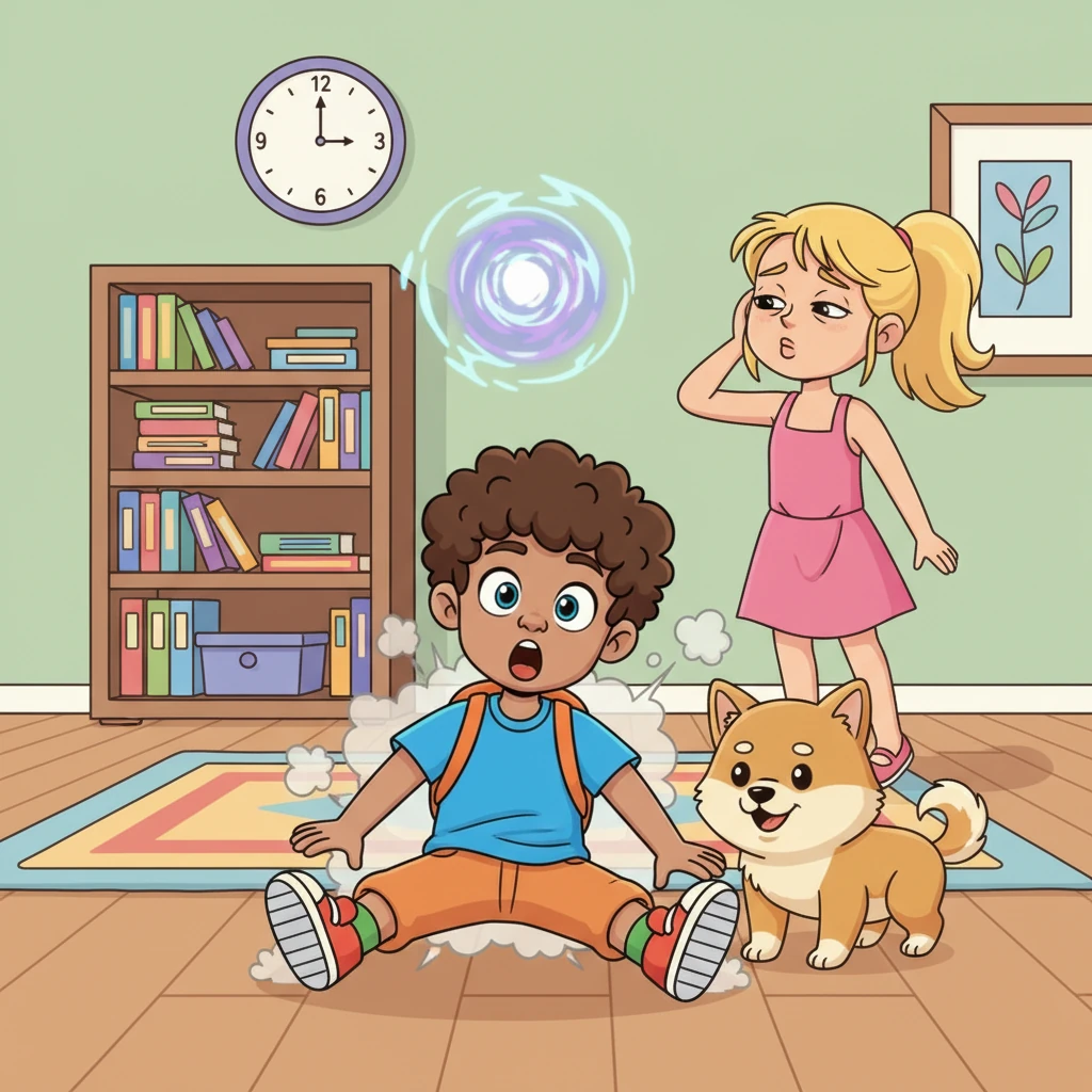 At the count of ten, with a comical 'POP!', time snapped back into motion. Max slammed onto the floor with a cartoonish thud, Buster landed with a soft 'woof', and Lily's eye-roll finally completed with a sigh.