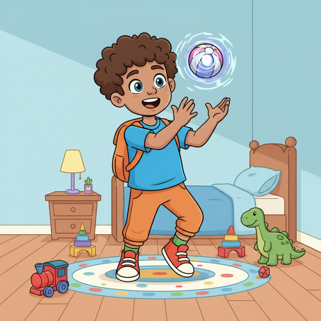 Later that day, in his room, Max decided to test his incredible discovery. He dropped a bouncy ball, yelled “WAIT!”, and watched it freeze mid-air. Counting to ten, he giggled as it dropped precisely when time resumed.