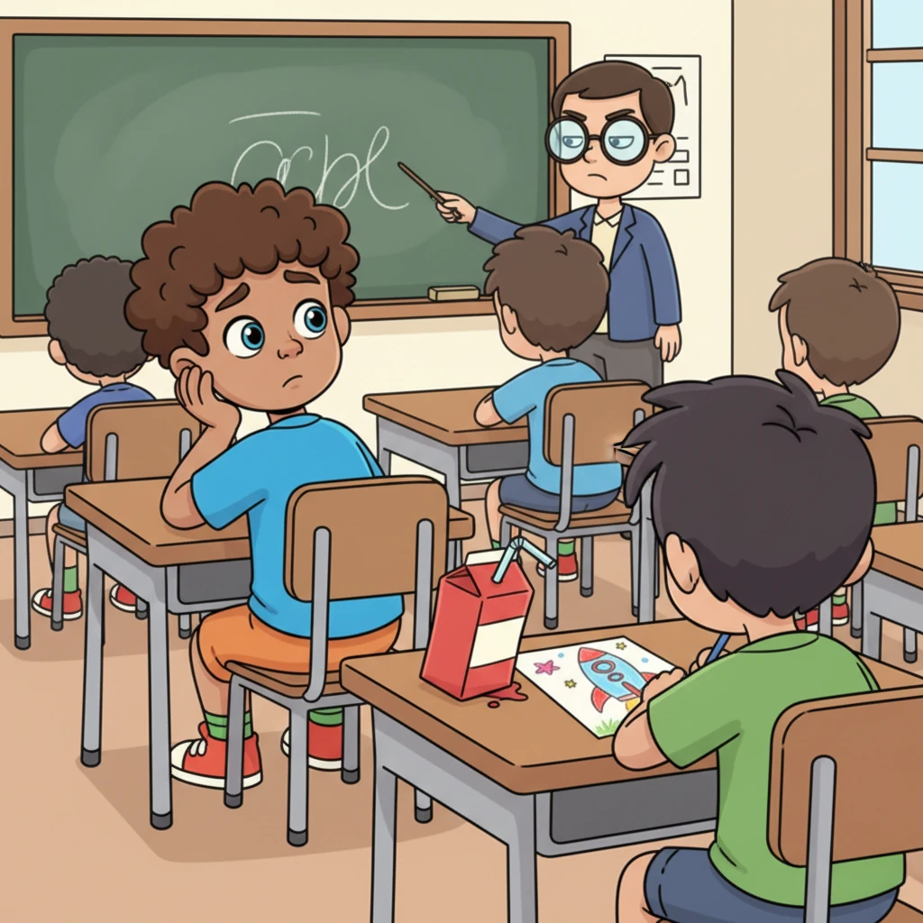 The next day at school, Max found himself bored during a long math lesson. His eyes wandered, spotting a wobbly juice box on his friend Leo's desk, dangerously close to tipping over onto his new drawing.