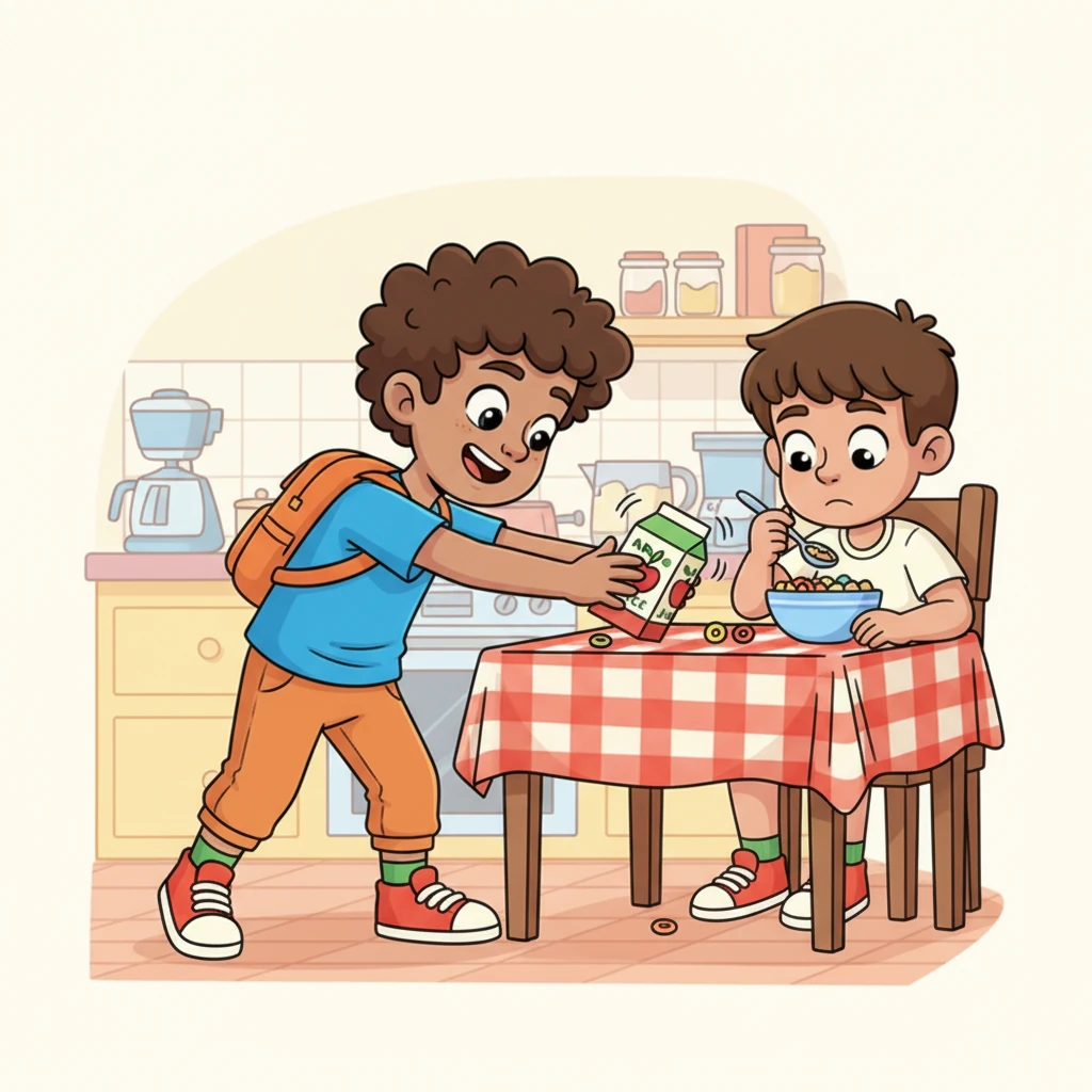 With a silent, quick thought, Max yelled “WAIT!” in his head. The world paused. He swiftly reached out, nudged the juice box upright, and then released the pause with a mischievous grin. Leo never even noticed.
