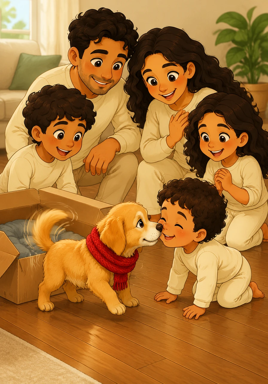 A tiny golden puppy named Barnaby arrived in a soft cardboard box, his tail wagging like a frantic windshield wiper. The house immediately felt brighter as he took his first wobbly steps across the wooden floor, greeting his new family with a wet nose.