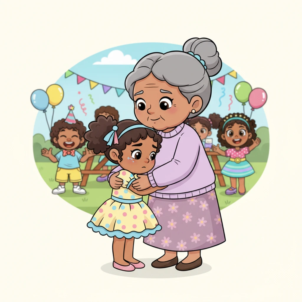 Grandma noticed Riya’s quiet face and gently hugged her. “It’s okay to miss Tiya, my dear,” she whispered. “But remember, you can still have so much fun with all the wonderful friends who are here to celebrate with you!”