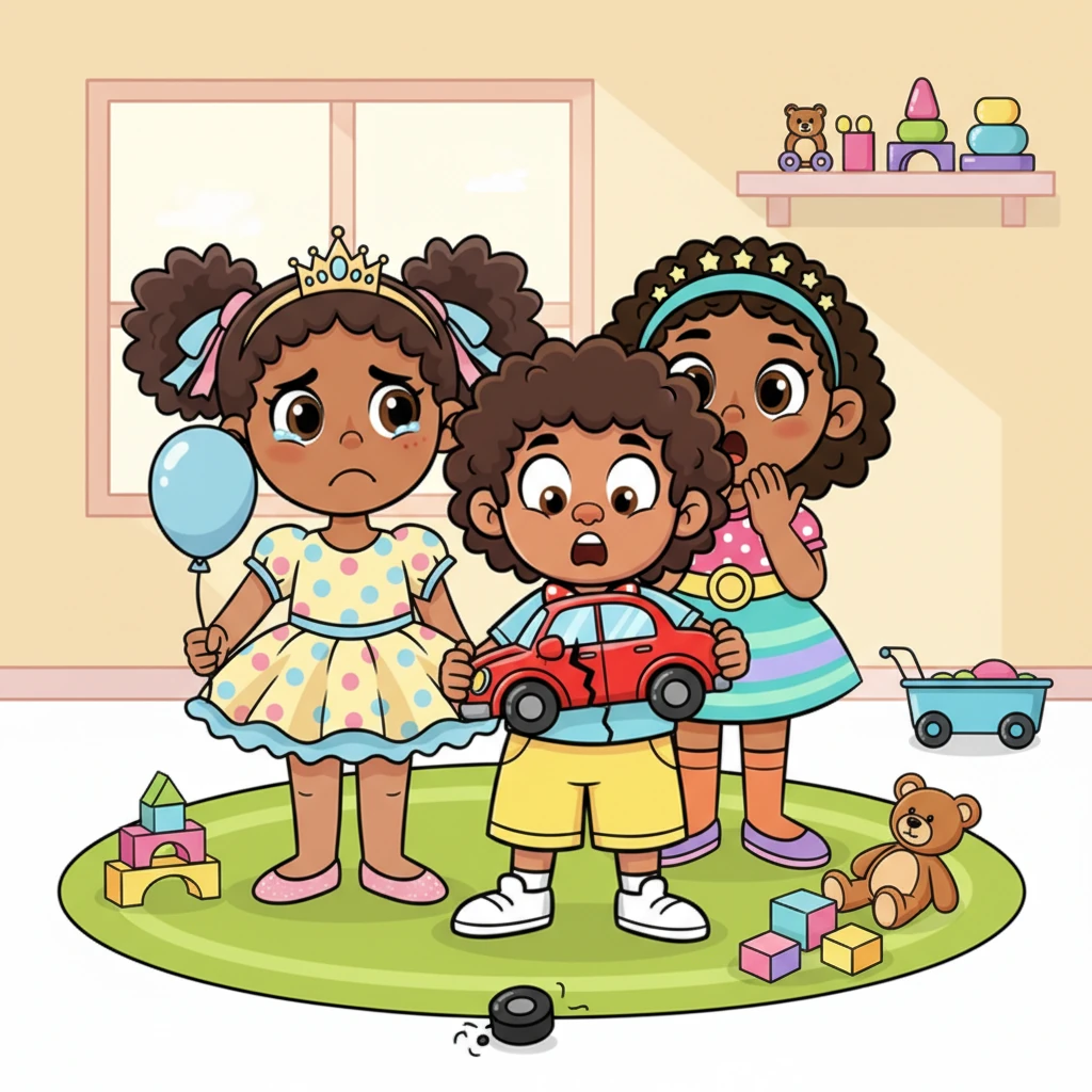 Riya nodded, feeling a little better, and joined her friends playing with her favorite toys. Suddenly, Ivaan was playing with her shiny red toy car, and with a small "CRACK!", one of its wheels snapped right off. Oh no!