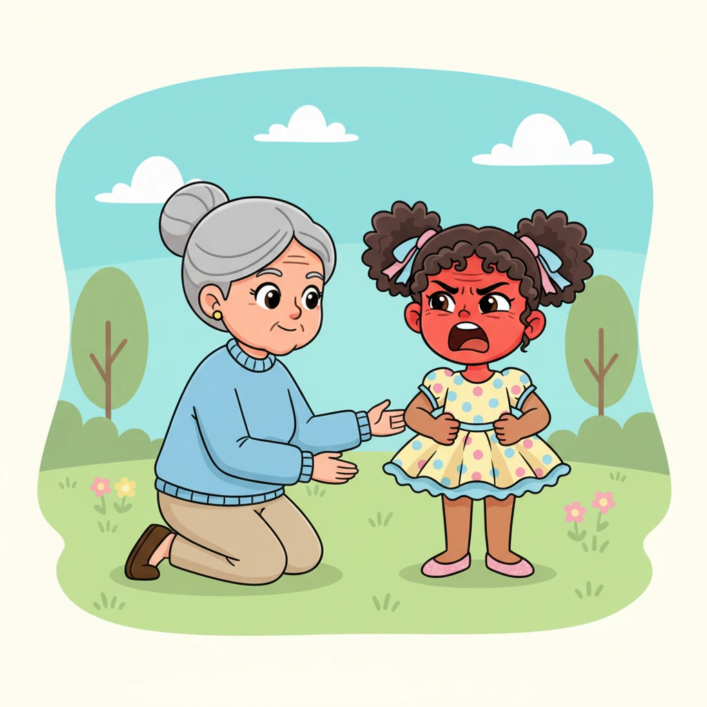 Riya’s face immediately turned bright red, and her fists clenched tight. She felt a fiery wave of anger surge through her. Grandma, seeing her distress, knelt down. “Riya, when you feel angry like this, let’s try to cool down,” she suggested calmly. “Count from one to ten, slowly.”
