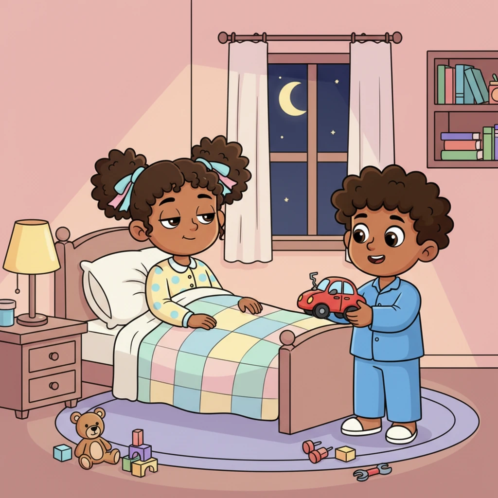 Together, Riya and Ivaan brainstormed ideas, finding a clever way to fix the toy car, and soon they were playing happily again. After a day full of laughter and adventures, Riya was wonderfully tired. She went to her room, ready for a peaceful sleep.