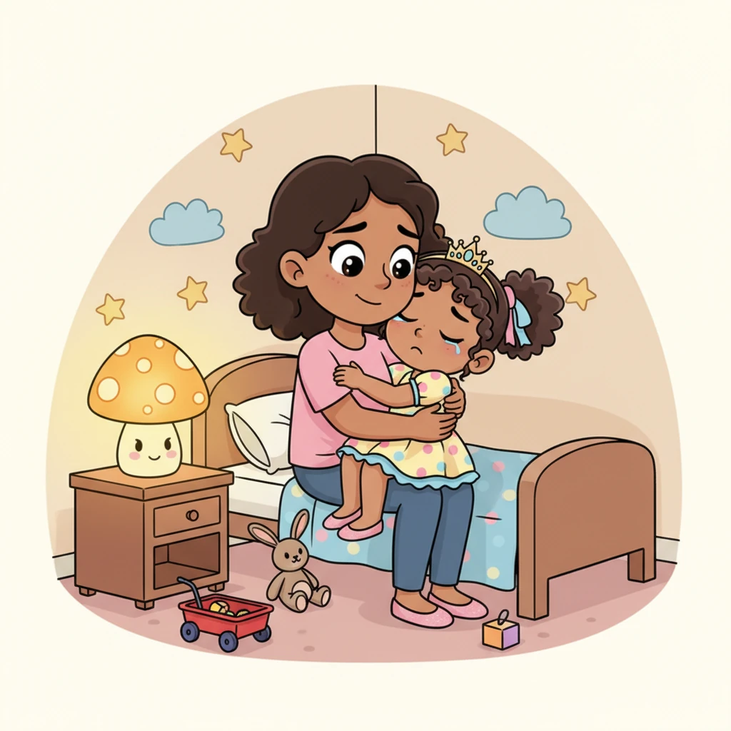 But moments later, Riya was back, tears welling in her eyes. “Mumma,” she whimpered, “my room is too dark, and I feel scared!” Mumma wrapped Riya in a warm hug. “Don’t worry, sweetie,” she comforted. “We’ll turn on your night lamp, and I’ll stay with you until you’re cozy.” Riya felt safe and happy once more, drifting off to sleep with a gentle glow in her room.
