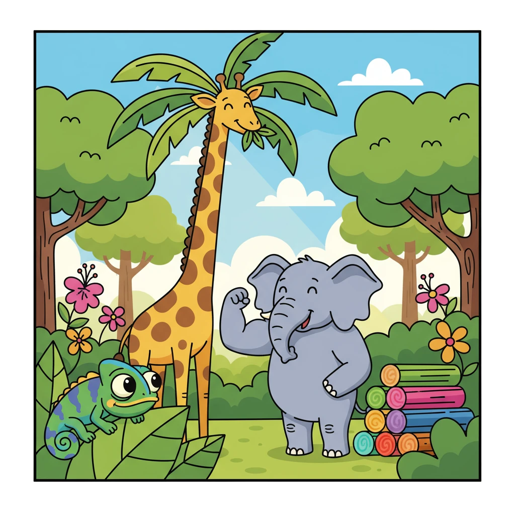 Harmony, a little chameleon, felt small compared to the other animals. She wished she were taller like the giraffes or as strong as the elephants. She often hid, feeling inadequate.