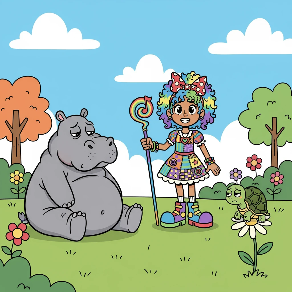 One sunny afternoon, Harmony overheard Ted, a tiny tortoise, grumbling about being too slow. Nearby, Henry the hippo sighed about being too wide. Feeling a pang of empathy, Harmony approached them.