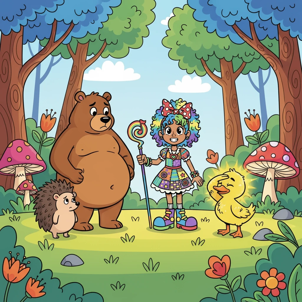 Soon, Ben the bear joined the group, lamenting his round belly. Huck the hedgehog chimed in, wishing he had more quills. Dash the duckling complained that his feathers were too bright.