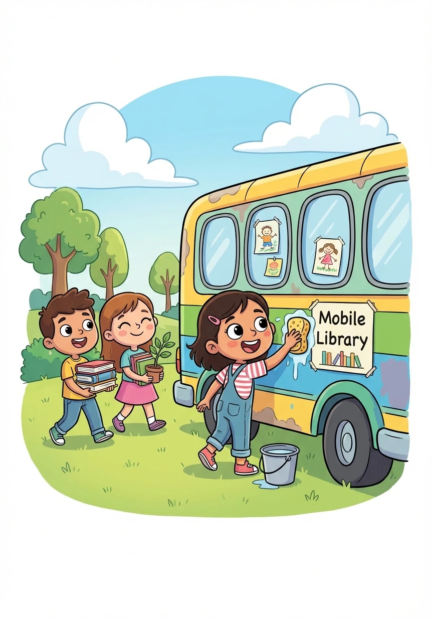 قررت سلمى تنظيف الحافلة وتحويلها إلى مكتبة متنقلة. جمعت كل كتبها المفضلة ودعت أصدقائها للمساعدة في تزيين الحافلة.