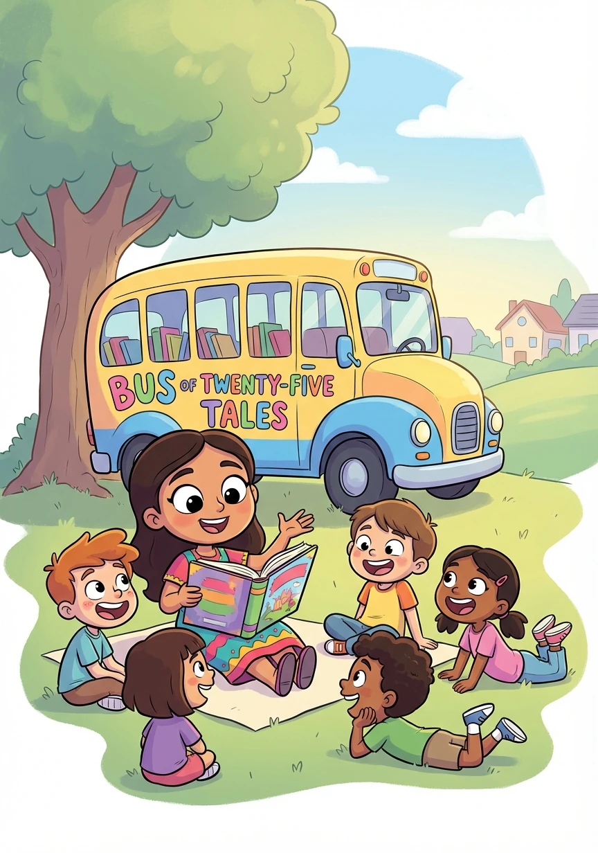 أطلقوا على الحافلة اسم "حافلة الخمس والعشرين حكاية"، لأنها كانت تحتوي على خمسة وعشرين كتابًا مختلفًا. بدأت سلمى وأصدقاؤها في قراءة القصص للأطفال في الحي.
