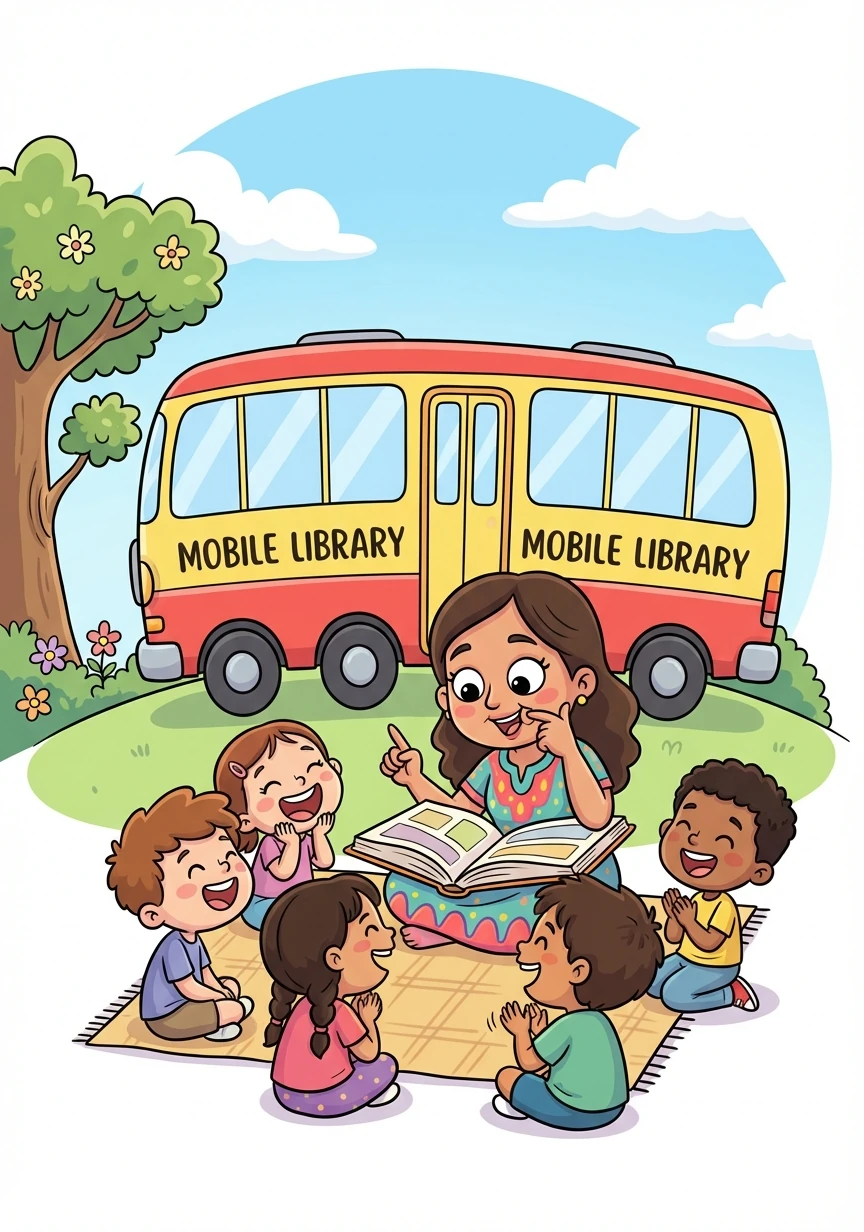 في كل يوم، كانت الحافلة تتوقف في مكان مختلف، وكان الأطفال يتجمعون للاستماع إلى القصص الشيقة. كانت سلمى تقرأ بصوت عالٍ، وتستخدم تعابير وجهها لجعل القصص أكثر حيوية.