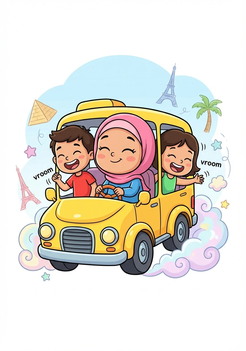 ذات يوم، قررت سلمى وأصدقاؤها أن يقوموا برحلة خيالية حول العالم باستخدام الحافلة. أغلقوا أعينهم وتخيلوا أنهم يسافرون إلى بلدان بعيدة.