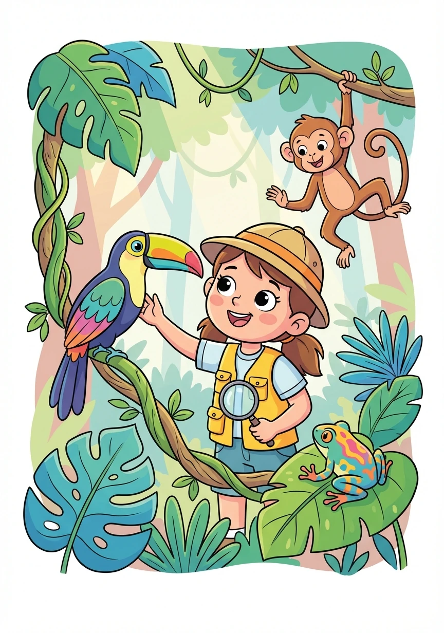 بعد ذلك، ذهبوا إلى الأمازون واستكشفوا الغابات المطيرة المدهشة. تعلموا عن الحيوانات والنباتات الغريبة التي تعيش هناك.